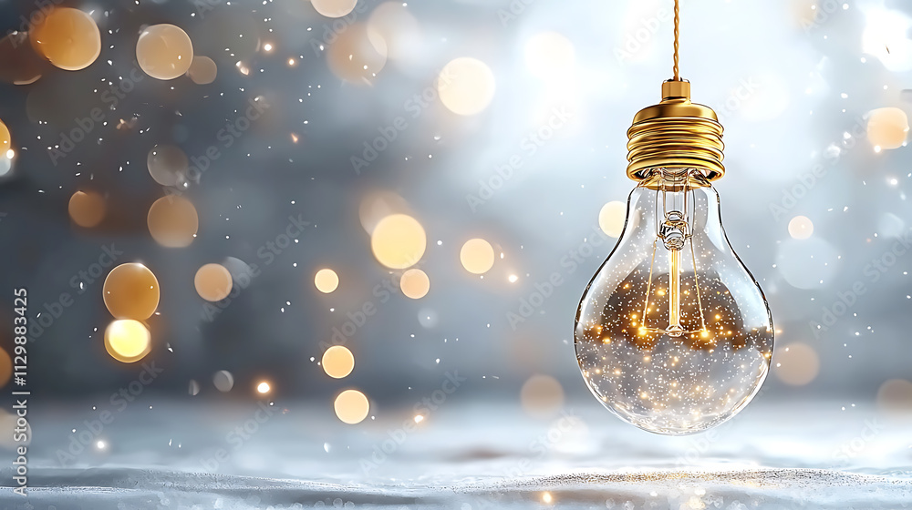 Poster illuminating spark floating light bulb with bokeh background studio setting close-up perspective lig