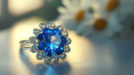 A blue sapphire is displayed on a white surface high res neelam stone, beautiful ring. Sapphire. Illustration