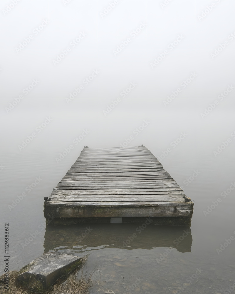 Poster a foggy view of a wooden dock extending into calm water, creating a serene atmosphere.