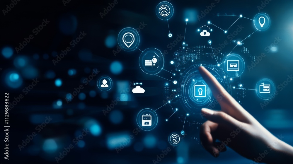 Poster a hand reaches out to a glowing digital interface filled with security-related icons, emphasizing mo