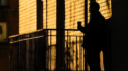 65.Backlit silhouette of a tenant with a coffee cup, standing quietly on a balcony as the sun sets, casting deep shadows and warm tones across the scene; the person appears lost in thought against