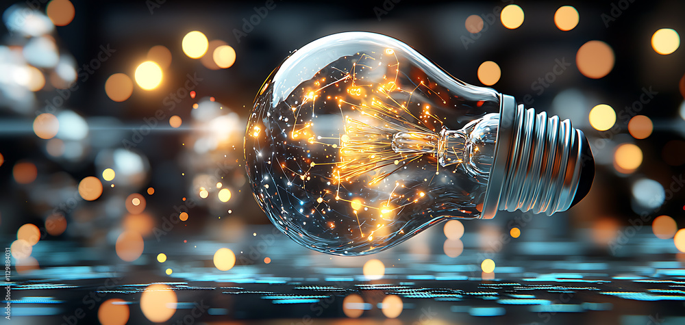 Poster Illuminating technology a light bulb glows in a creative studio capturing innovation and inspiration in a dynamic environment