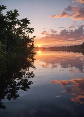 Fototapeta premium Reflections of a serene sunset on the surface of Laguna Grande Amazonia's calm waters, sunset, lake