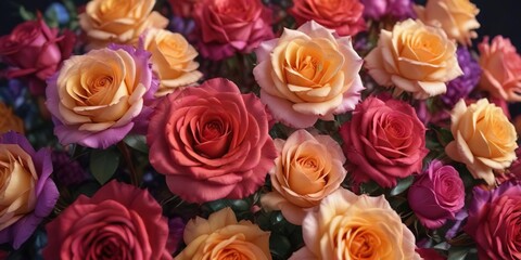 Fototapeta premium Roses with layered, multi-colored petals like a work of art, beautiful, flowers