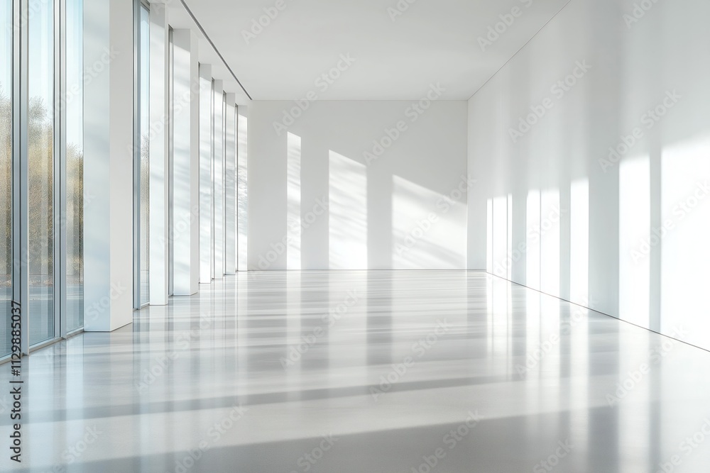 Poster empty white gallery space with polished concrete floor. sunlight casts dramatic shadows creating geo
