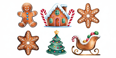 Fototapeta premium Festive Watercolor Gingerbread Christmas Cookies House Tree and Sleigh