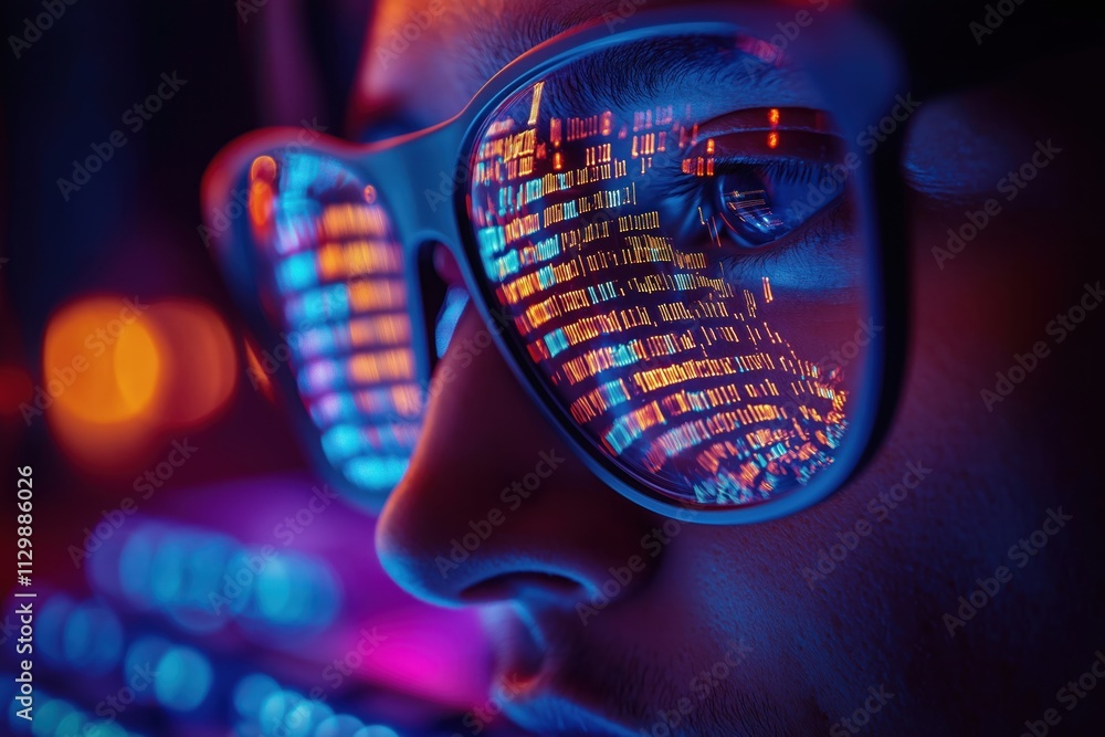 Poster closeup programmer types fast on illuminated keyboard. code reflected in glasses shows fast-paced so
