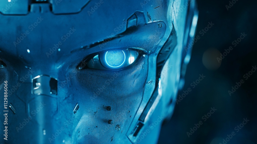 Poster a close-up of a futuristic robot's face, with a striking blue glowing eye and detailed mechanical fe