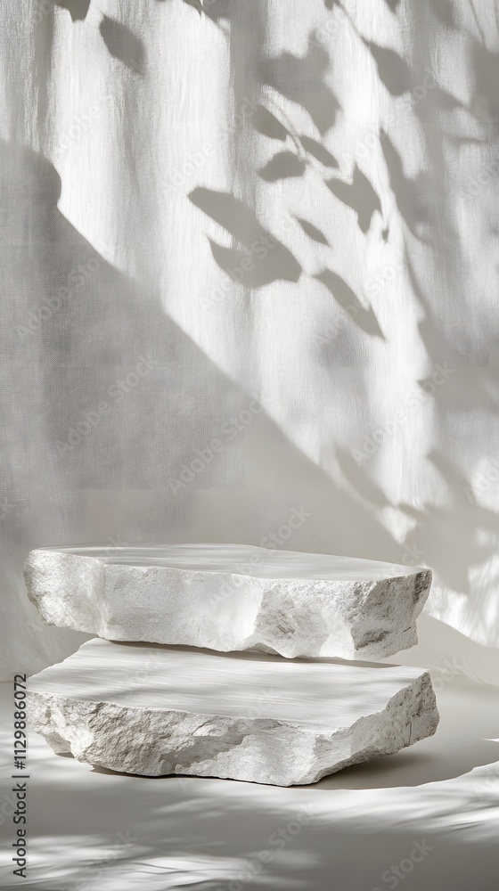 Poster a minimalist arrangement of two textured stone slabs casting soft shadows on a light backdrop.