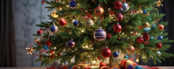 Small evergreen tree decorated with ornaments, festive decor, holiday decoration