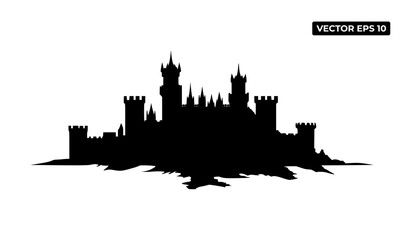 A silhouette of a castle with towers and battlements, suitable for graphic design use.