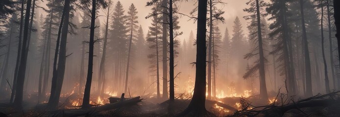 Eerie atmosphere of a smoke-filled forest after a wildfire, toxic fumes, environmental degradation