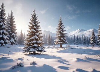 Snowy winter wonderland with a snow-covered Christmas tree, snowy scene, wintry landscapes, frozen lake
