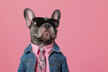 French bulldog dog dressed in stylish pink shirt, denim jacket, tie with floral pattern wearing sunglasses posing. Funky fashion look. Cool animal model. Pink background. Posing for photo shoot.
