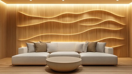 Modern living room with wave-patterned wooden wall, white sectional sofa, and round coffee table.