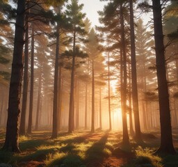 Soft light filters through the pine trees in a forest clearing bathed in the warmth of sunrise, gentle illumination, serene landscape
