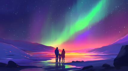 Fototapeta premium A family enjoys the colorful aurora borealis with vibrant green and purple lights in the night sky. Aurorae. Illustration
