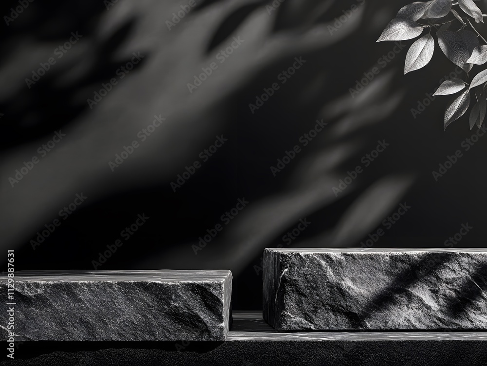 Poster a minimalist composition featuring stone blocks and leaves casting shadows on a dark background.