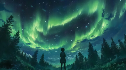 Obraz premium A stunning aurora borealis dancing in the night sky above a peaceful forest, aurora, borealis, northern lights, night sky, forest. Aurorae. Illustration