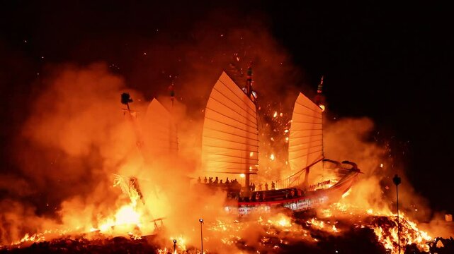 Taichung,Taiwan -December 01, 2024, the king&rsquo;s ship was burned in Zhenlan Palace in Dajia.
The burning ceremony of the king's ship was intended to purify the surrounding area of ​​evil and disease.   