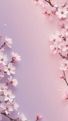 Fototapeta premium Cherry blossom on a soft purple background with copy space