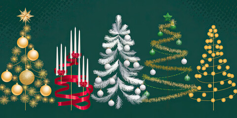 Festive Christmas Trees Gold White Lights Decor