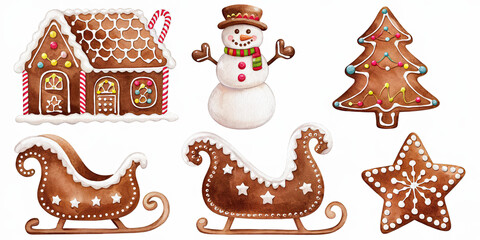 Fototapeta premium Watercolor Christmas Gingerbread Cookies House Snowman Tree Sleigh Star