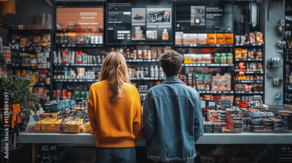 Aufkleber exploring data-driven personalization in a bustling grocery store for enhanced customer experience
