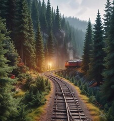 Fototapeta premium Train chugging along a winding path through a dense fir forest on a Christmas tree, winter, rail, forest