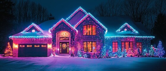 A house with a bright, festive display of holiday lights. The lights cover the roof, windows, and yard in vibr, Generative AI 