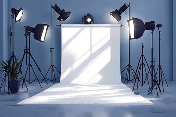 Pro photo studio setup with soft lighting, seamless white backdrop. Studio equipment casts clean shadows on white surface. Minimalist composition emphasizes empty space. Perfect for product