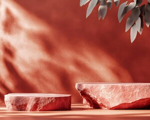 A minimalist display featuring textured stone platforms against a warm, earthy backdrop.