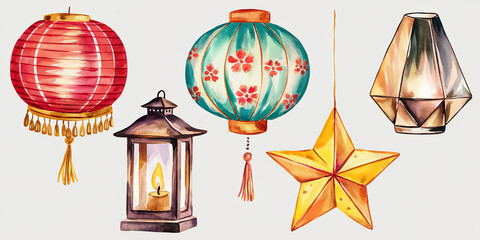 Festive Watercolor Lanterns Star Lamp Holiday Decor Asian Culture Illumination