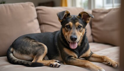 a dog laying on a couch with its tongue sticking out.