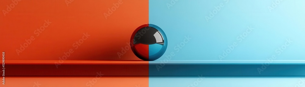 Poster a vibrant image featuring a spherical object positioned between contrasting orange and blue backgrou