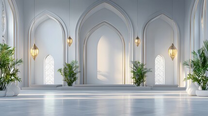 Sunlit minimalist white interior with arched windows, potted plants, and gold lanterns.