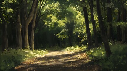 Obraz premium Sunlit path through lush green forest, dappled sunlight on leaves and ground.