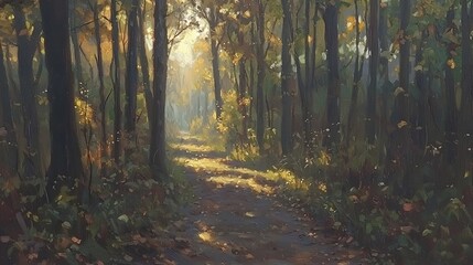 Fototapeta premium Sunlit path through autumn forest, leaves, trees, sunlight.