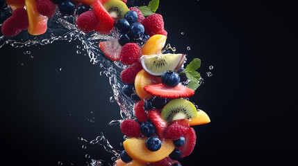 Mixed fruits and berries cascading with water splashes in a swirling shape, isolated for tropical beverage designs