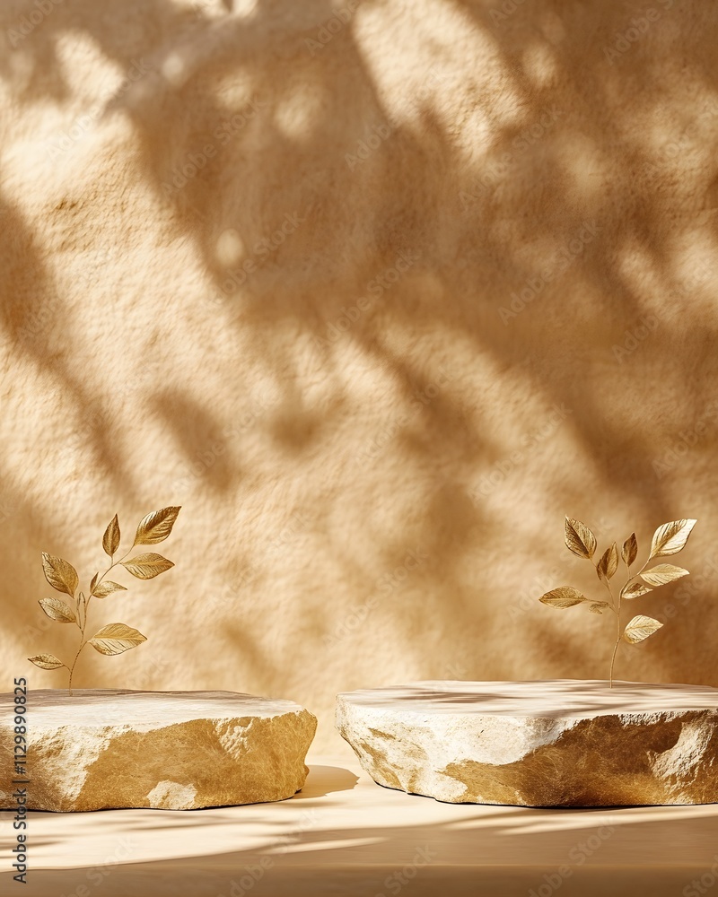 Poster a minimalist display featuring two stone bases with delicate leaves against a textured background.