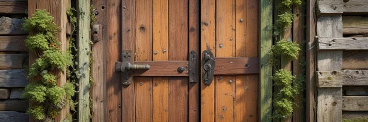 wooden door with moss and lichen on the hinges, wooden door, weathered wood