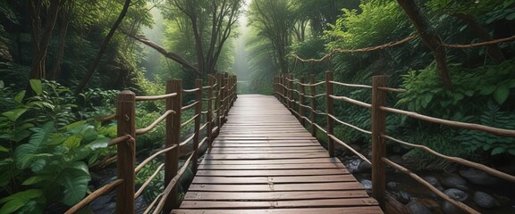 Wooden footbridge leading through vibrant greenery in Tiffany Falls Conservation Area, bridge, footpath