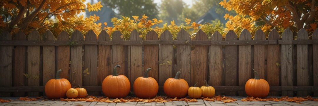 Wooden fence with pumpkins and leaves in the foreground, wooden fence, border , natural
