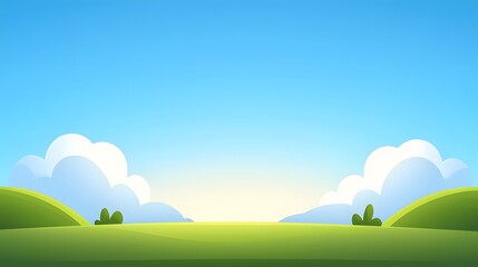 Obraz premium Sunny day, green hills, blue sky, fluffy clouds, peaceful landscape.