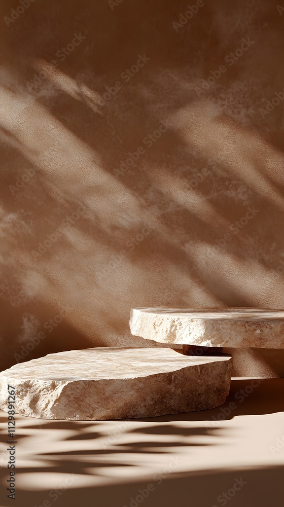 Poster a minimalist display of natural stone slabs on a textured brown background, emphasizing simplicity.