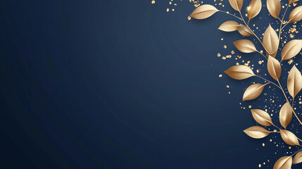 Elegant golden leaves and sparkles adorn a deep blue background for Christmas festivities