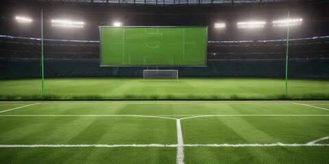 Obraz premium Lush green football field with goalposts and a scoreboard in the background, rectangular shape, grid pattern, scoreboard