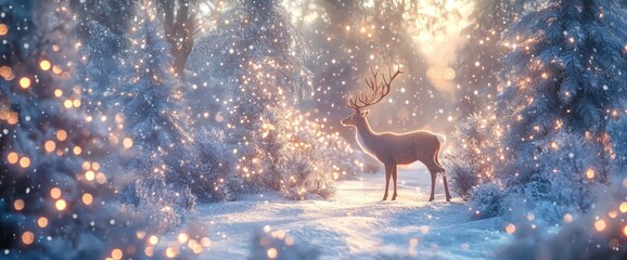 Beautiful winter forest with snow-covered trees and glowing lights, deer standing in the center of the picture, magical atmosphere, blue color palette, fantasy style, high resolution, hyper-realistic 