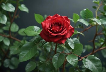 A beautiful red rose is nestled among delicate green leaves on a slender branch, leafy branch, floral arrangement, botanical garden