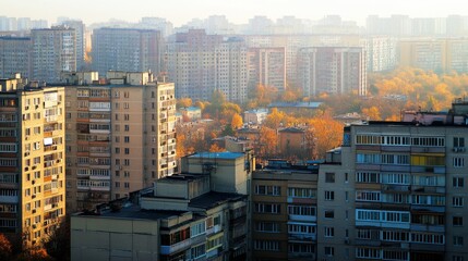 Fototapeta premium A peaceful city skyline at dawn featuring residential apartment buildings bathed in the soft morning light, with autumn trees adding a warm, colorful touch to the urban environment.. AI Generation